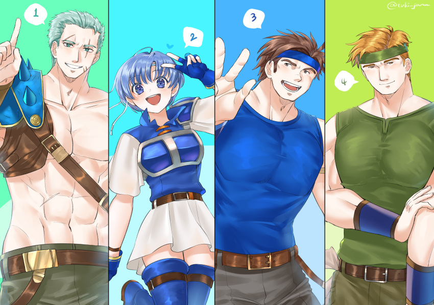 1girl, 3boys, abs, armor, blue_armor, blue_hair, blue_headband, dieck_(fire_emblem)