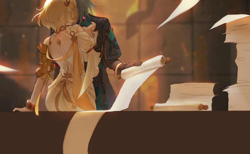 1boy, 1girl, aglaea_(honkai:_star_rail), anaxa_(honkai:_star_rail), back, black_jacket, blonde_hair, dedversus