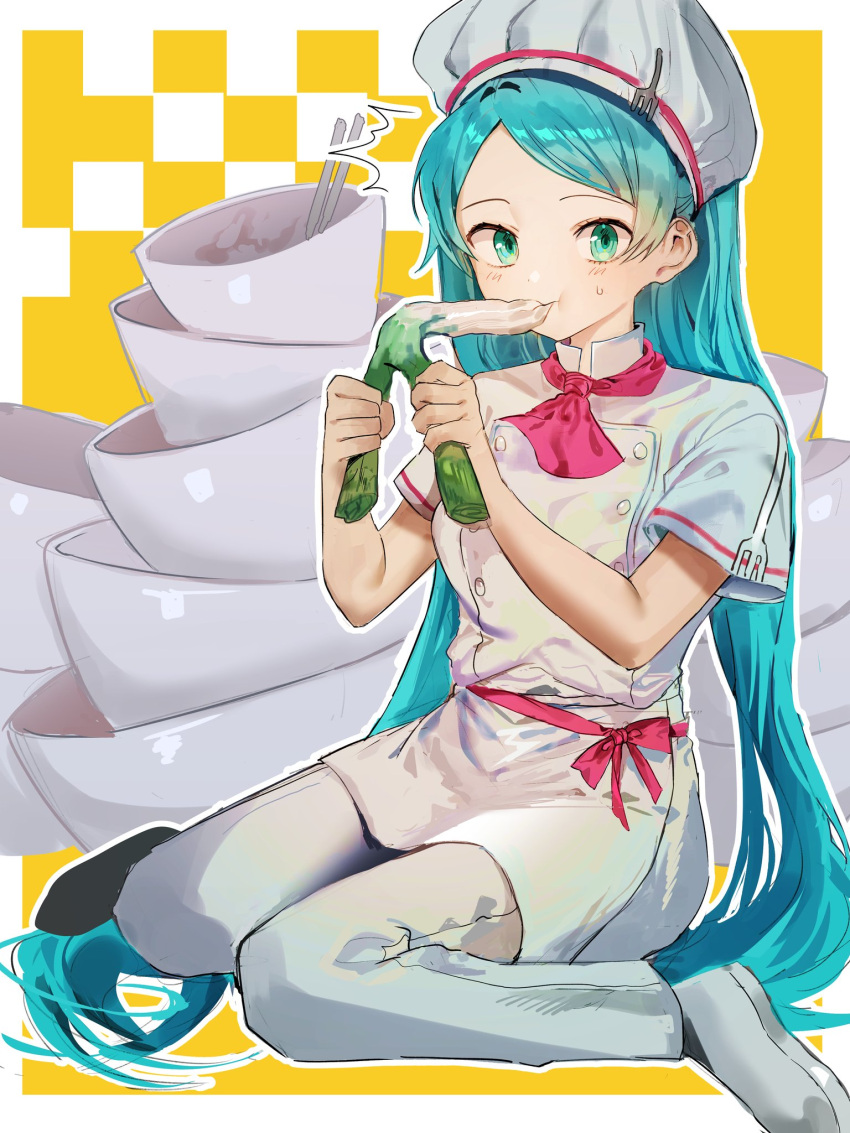 1girl, alternate_costume, blue_eyes, blue_hair, blush, bowl, buttons, chef_hat
