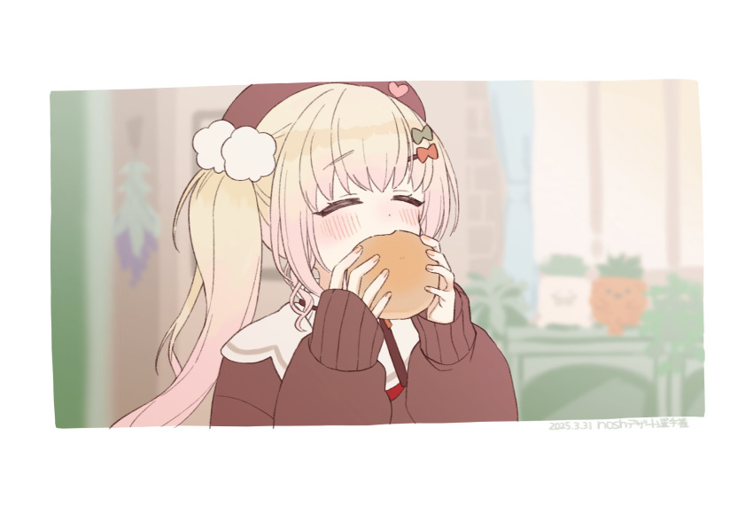 1girl, blonde_hair, blurry, blurry_background, blush, border, brown_cardigan, cardigan, closed_eyes, commentary, dated, dot_nose, eating, food, gradient_hair, hair_ornament, hairclip, hands_up, highres, holding, holding_food, hololive, indoors, karashioo, long_hair, long_sleeves, momosuzu_nene, momosuzu_nene_(casual), multicolored_hair, nail_polish, official_alternate_costume, official_alternate_hairstyle, orange_nails, pink_hair, pom_pom_(clothes), pom_pom_hair_ornament, sailor_collar, side_ponytail, solo, symbol-only_commentary, upper_body, virtual_youtuber, white_border, white_sailor_collar
