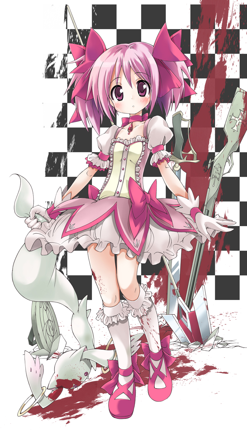 blood_stain, blush, bow, bubble_skirt, checkered, checkered_background, choker, gloves