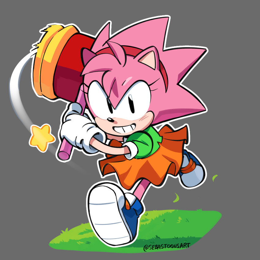 1girl, :d, amy_rose, animal_ears, animal_nose, artist_name, body_fur, classic_amy