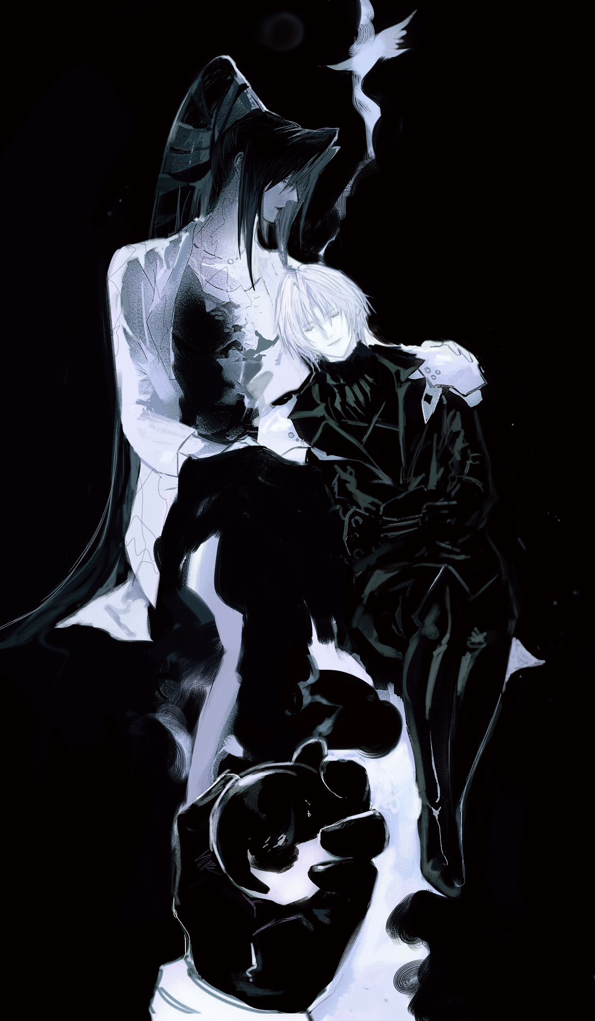 1boy, 1girl, aged_down, armor, black_coat, black_gloves, black_pants, bracelet