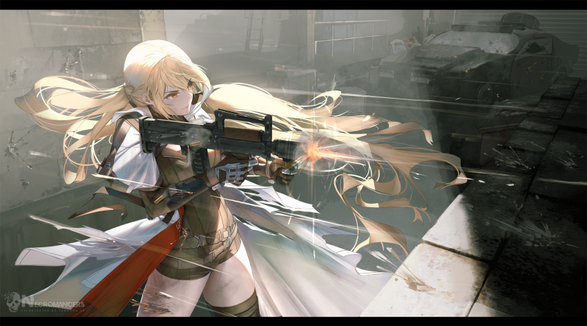 1girl, assault_rifle, belt, blonde_hair, bullpup, coat, fighting, firing, girls'_frontline_2:_exilium, girls_frontline, gloves, groza_(girls'_frontline_2), gun, highres, holding, holding_gun, holding_weapon, indoors, long_hair, lu_(pixiv20967832), open_clothes, open_coat, ots-14_(girls'_frontline), ots-14_groza, ponytail, rifle, shell_casing, solo, watermark, weapon, yellow_eyes