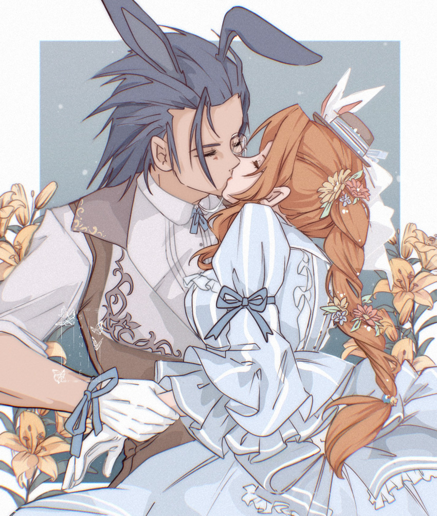 1boy, 1girl, aerith_gainsborough, aerith_gainsborough_(classic_coney), animal_ears, arm_ribbon, black_hair, blue_dress