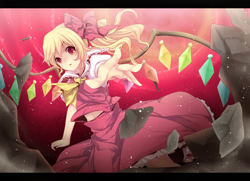 blonde_hair, broken_ground, flandre_scarlet, highres, letterboxed, looking_at_viewer, no_hat, no_headwear