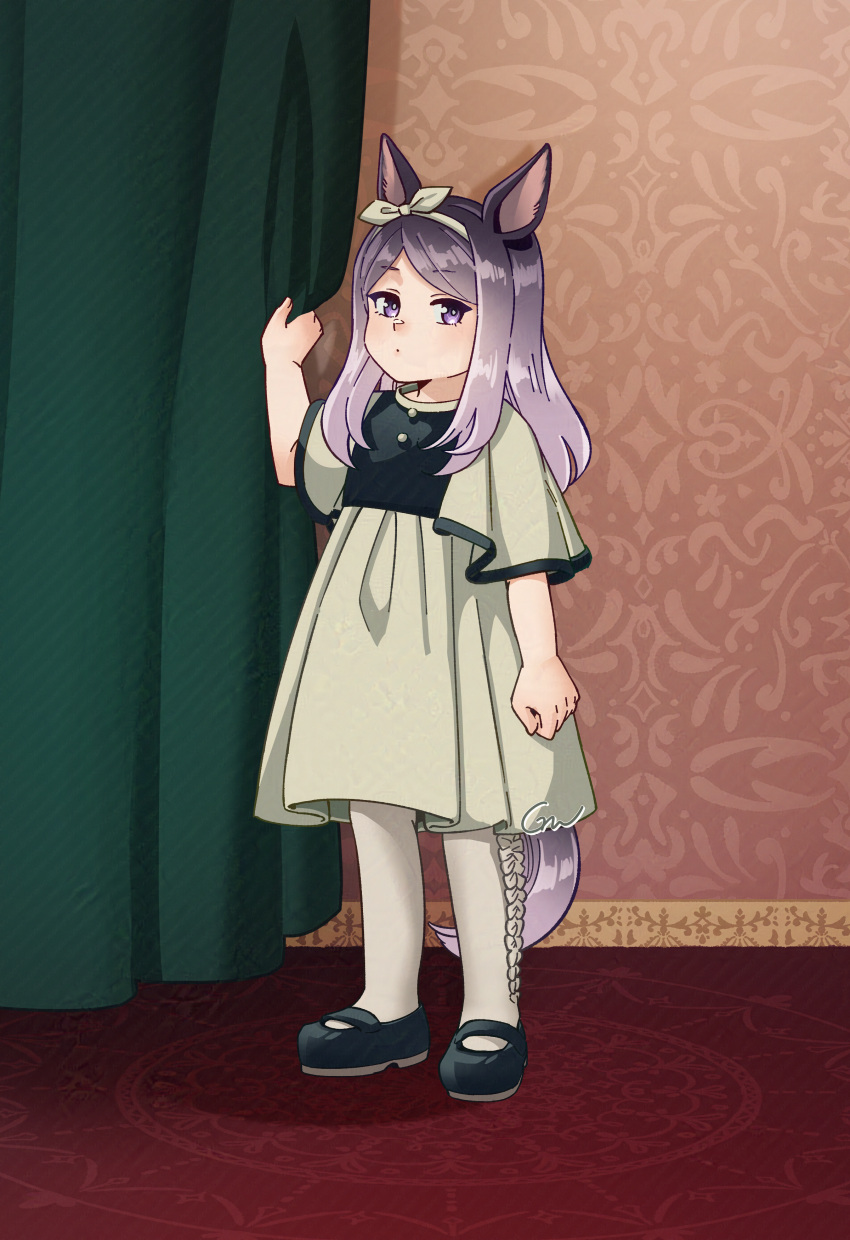 1girl, absurdres, aged_down, alternate_costume, animal_ears, black_shoes, bow, closed_mouth