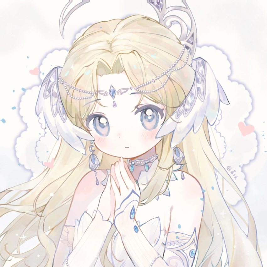 1girl, artist_name, baonu_de_zhanshen_caibutou, bare_shoulders, beads, blonde_hair, blue_eyes, bridal_gauntlets