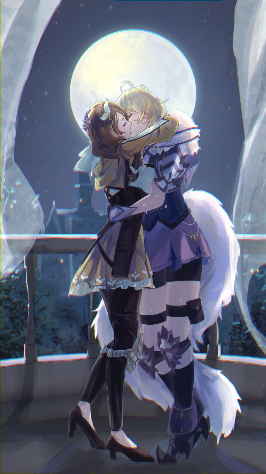 2girls, absurdres, ahoge, bike_shorts, black_boots, black_pants, black_shorts, blonde_hair, boots, breasts, brown_hair, closed_eyes, commentary, commission, dress, english_commentary, fire_emblem, fire_emblem_engage, flower, full_moon, goldmary_(fire_emblem), hair_flower, hair_ornament, high_heels, highres, hug, kiss, large_breasts, long_hair, merrin_(fire_emblem), moon, multiple_girls, night, outdoors, pants, re_(pixiv_89203939), second-party_source, shorts, yellow_dress, yuri