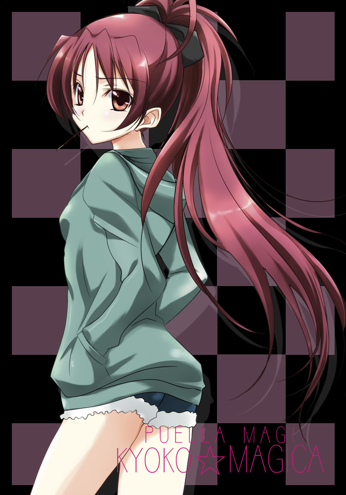 bare_legs, border, casual, checkered, checkered_background, hands_in_pockets, long_hair, looking_back, mahou_shoujo_madoka_magica, momoco, mouth_hold, pocky, ponytail, red_eyes, red_hair, redhead, sakura_kyouko, shorts, solo