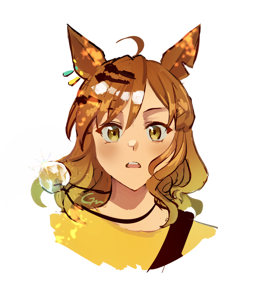 1girl, ahoge, alternate_costume, animal_ears, blush, braid, brown_hair, commentary_request, earrings, gaman, hair_between_eyes, hair_ornament, half_up_braid, horse_ears, horse_girl, jewelry, jungle_pocket_(umamusume), looking_at_viewer, multicolored_hair, necklace, notched_ear, open_mouth, shirt, simple_background, single_earring, solo, streaked_hair, umamusume, upper_body, white_background, white_hair, x_hair_ornament, yellow_shirt