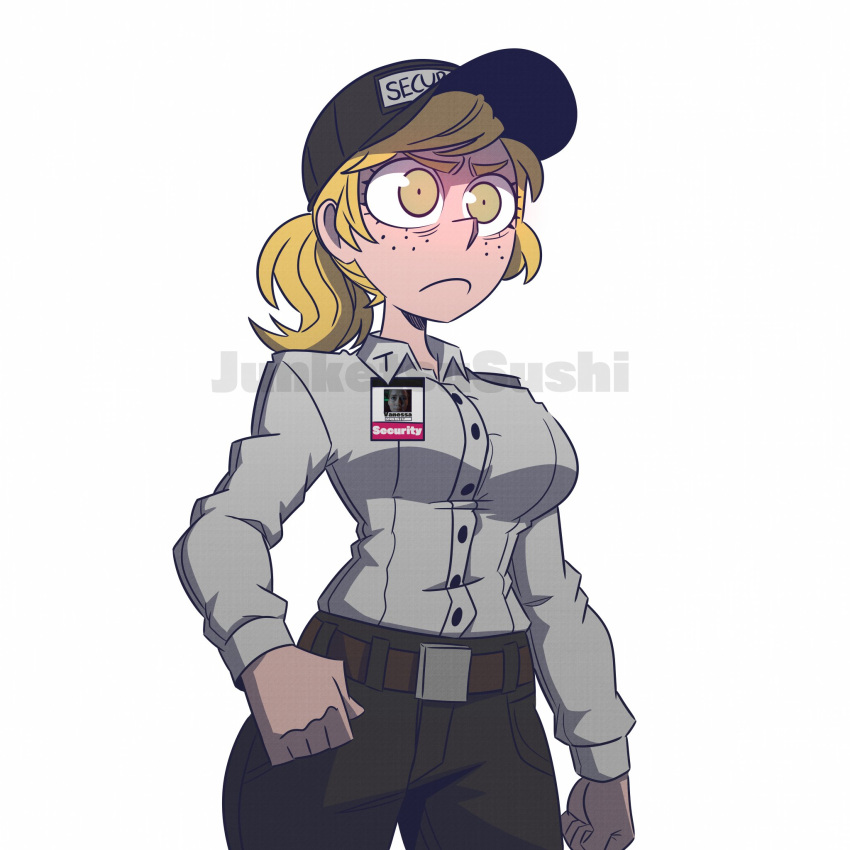 1girl, belt, blonde_hair, breasts, brown_pants, clenched_hand, collared_shirt, five_nights_at_freddy's