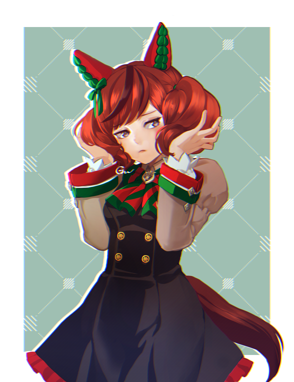 1girl, animal_ears, black_dress, bow, bowtie, breasts, closed_mouth, dress