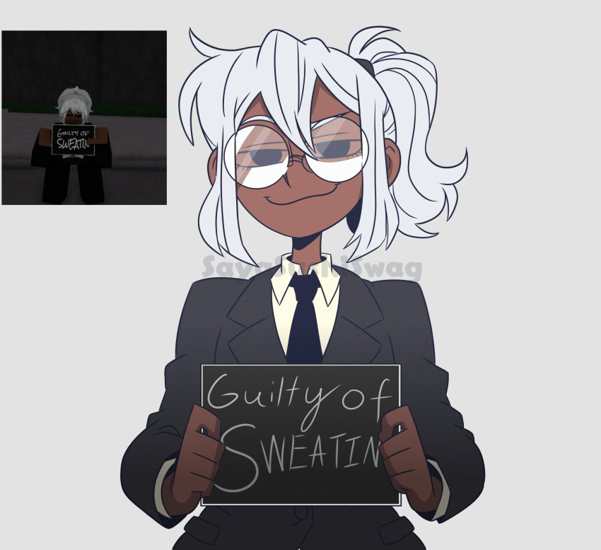 1girl, artist_name, black-framed_eyewear, black_eyes, black_necktie, business_suit, closed_mouth, collared_shirt