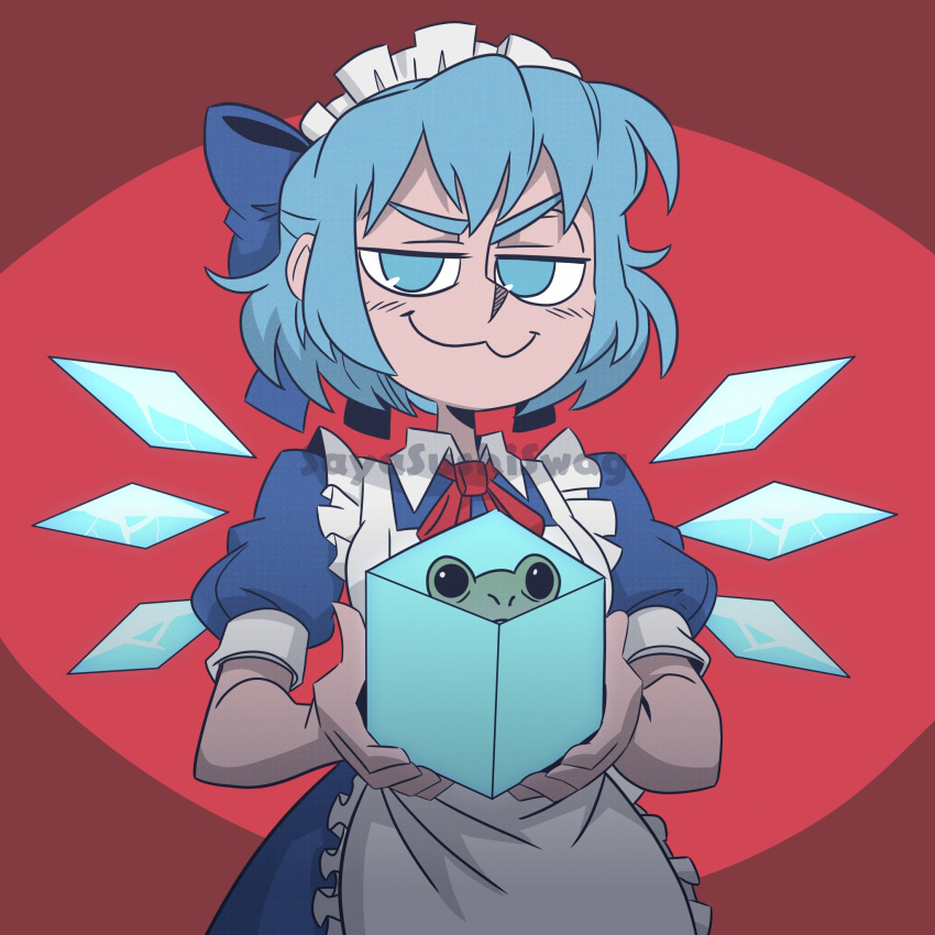 1girl, :3, alternate_costume, blue_bow, blue_eyes, blue_hair, bow, cirno, closed_mouth, enmaided, frozen_frog, hair_bow, highres, ice, ice_crystal, ice_cube, ice_wings, looking_at_viewer, maid, maid_headdress, red_background, sayasushiswag, short_hair, short_sleeves, smile, smug, solo, touhou, wings