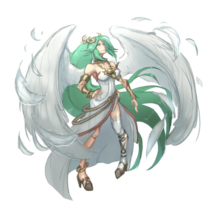 1girl, absurdres, breasts, chain, feathers, freddyhalloween, full_body, gold_chain, green_eyes, green_hair, hand_on_own_hip, high_heels, highres, kid_icarus, kid_icarus_uprising, long_hair, palutena, simple_background, single_thighhigh, solo, thigh-highs, vambraces, very_long_hair, white_background, white_thighhighs