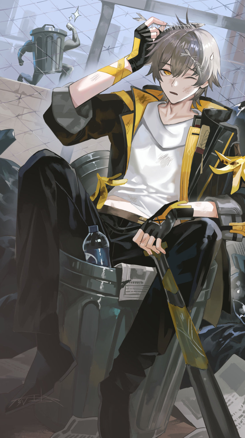 1boy, 1other, absurdres, arm_up, banana_peel, baseball_bat, black_gloves, black_jacket