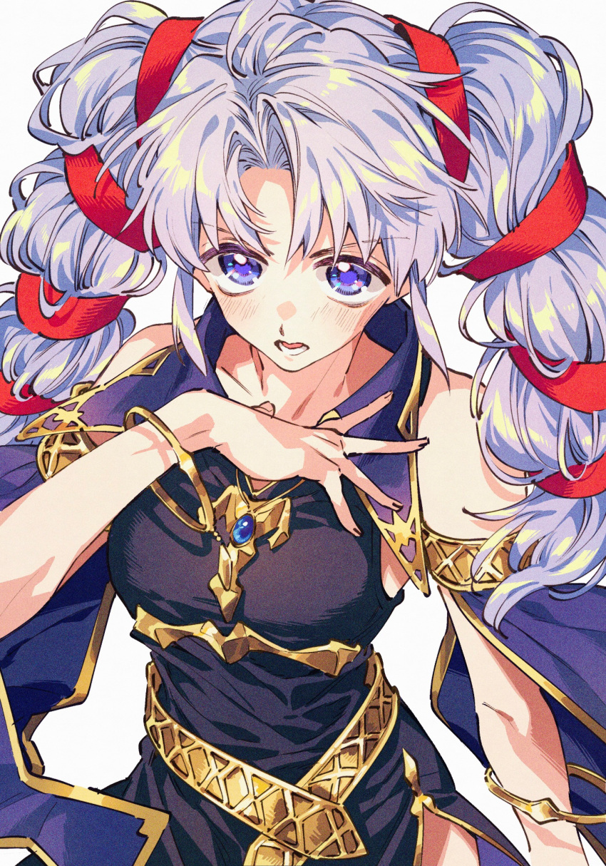 1girl, bare_shoulders, black_dress, blush, breasts, commentary_request, dress, fire_emblem