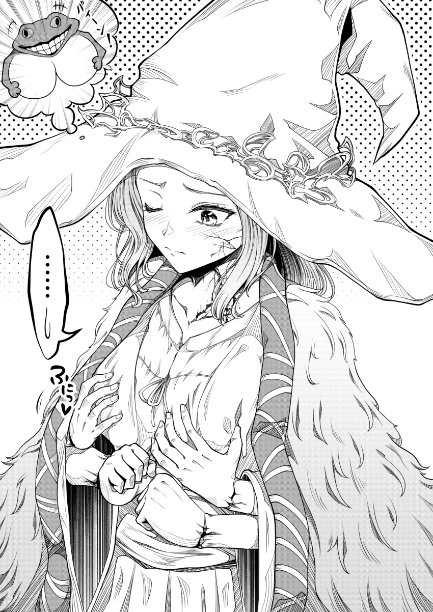 +++, ..., 1girl, aibumi, blush, breast_envy, cape, closed_mouth, commentary_request, elden_ring, extra_arms, eyelashes, fur_cape, greyscale, hat, highres, large_hat, monochrome, one_eye_closed, ranni_the_witch, robe, scar, speech_bubble, spoken_ellipsis, spoken_sweatdrop, standing, sweatdrop, the_duskbloods, thought_bubble, white_background, witch_hat