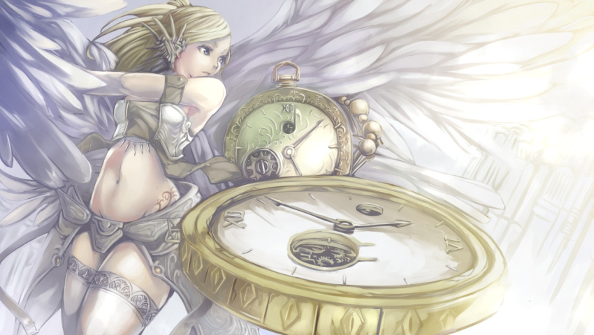 bad_id, bare_shoulders, blonde_hair, blue_eyes, clock, fantasy, highres, kotobuki_ryou