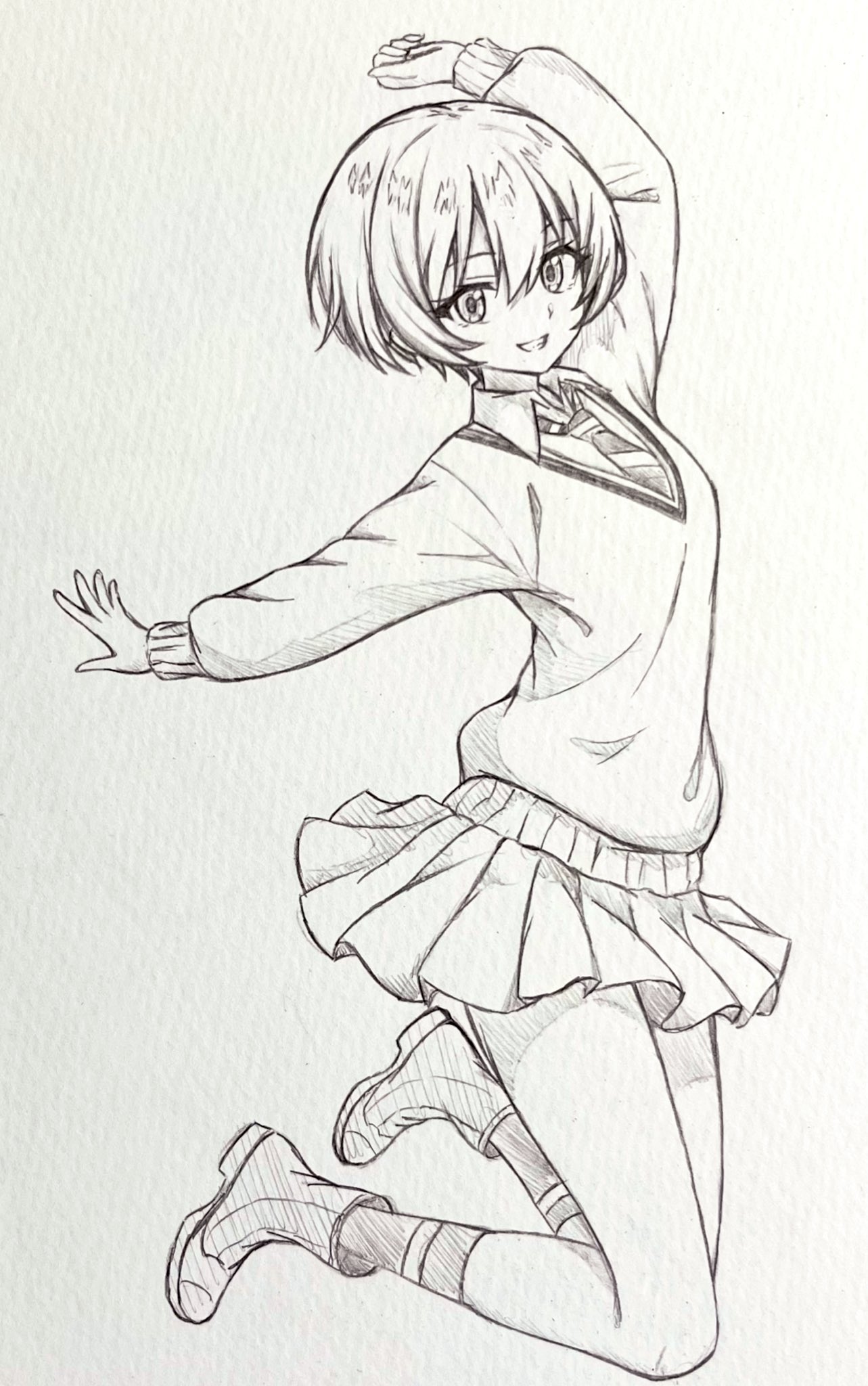1girl, amate_yuzuriha, arms_up, boots, collared_shirt, commentary_request, full_body, greyscale