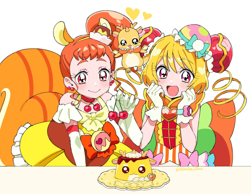 2girls, :d, animal_ears, arisugawa_himari, back_bow, blonde_hair, bow, bun_cover