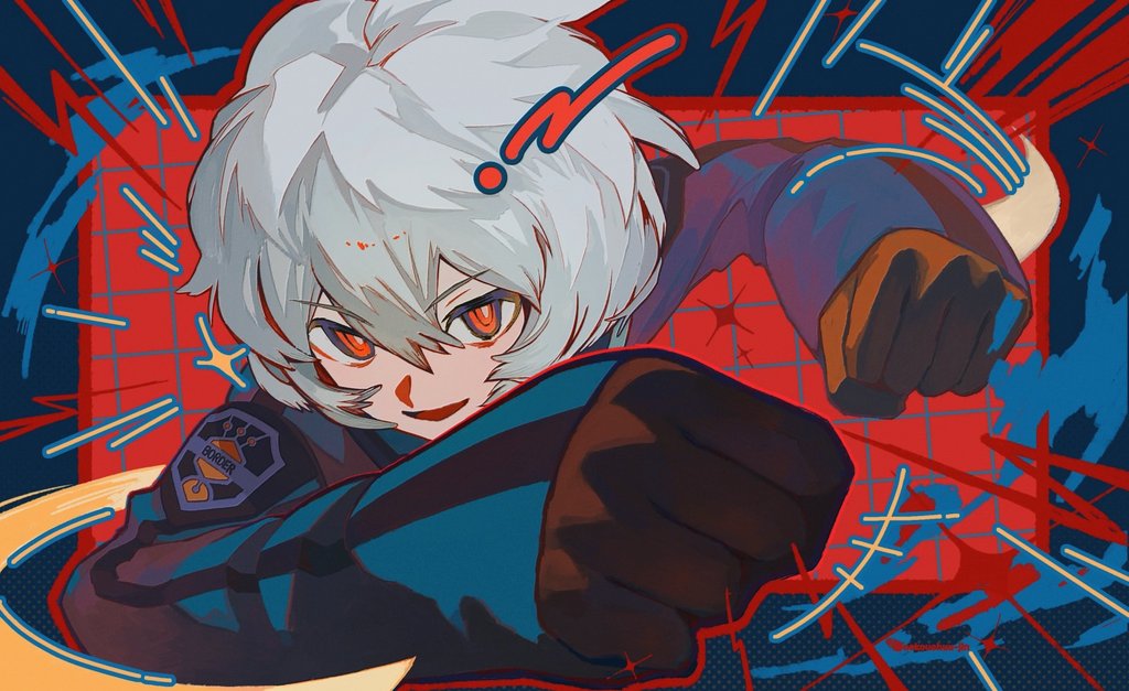 1boy, black_gloves, blue_background, blue_jacket, gloves, jacket, kuga_yuuma, long_sleeves