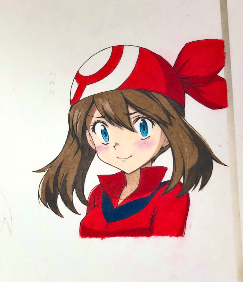 1girl, bandana, blue_eyes, breasts, brown_hair, character_name, colored_pencil_(medium), commentary_request, highres, may_(pokemon), medium_breasts, photo_(medium), pokemon, pokemon_rse, portrait, red_bandana, seishun_dendeke, sidelocks, smile, solo, traditional_media