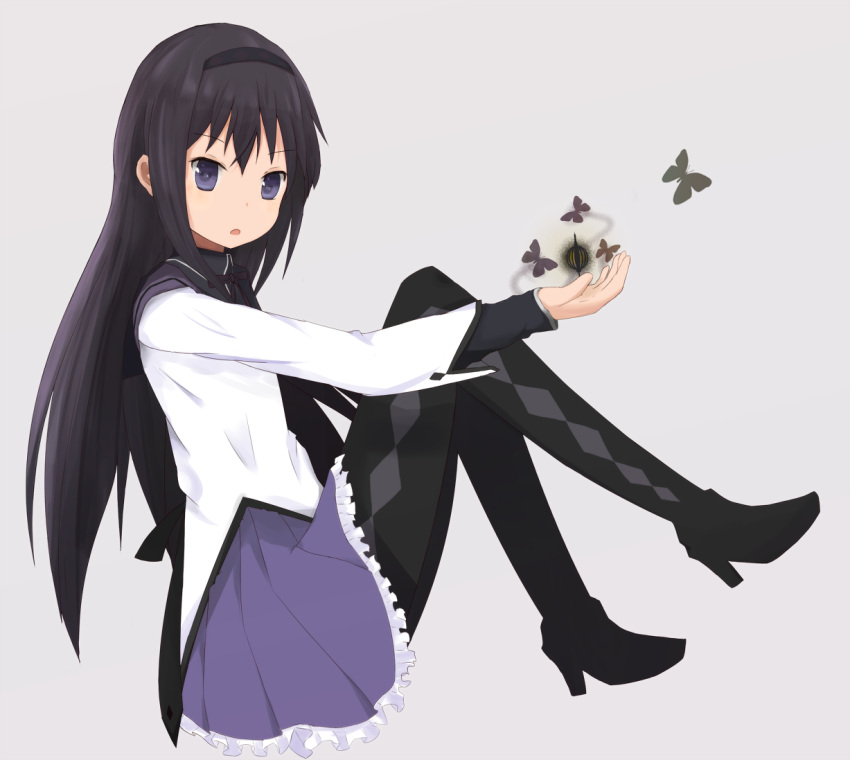 akemi_homura, bad_id, black_hair, blue_eyes, boots, butterfly, coop_(coupon123), grief_seed