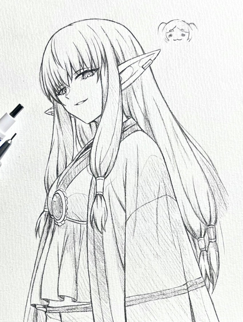2girls, :3, =_=, art_tools_in_frame, elf, frieren, graphite_(medium), greyscale, hair_tubes, highres, long_hair, looking_at_viewer, low-tied_long_hair, monochrome, multiple_girls, photo_(medium), pointy_ears, robe, seishun_dendeke, serie_(sousou_no_frieren), smile, sousou_no_frieren, standing, traditional_media
