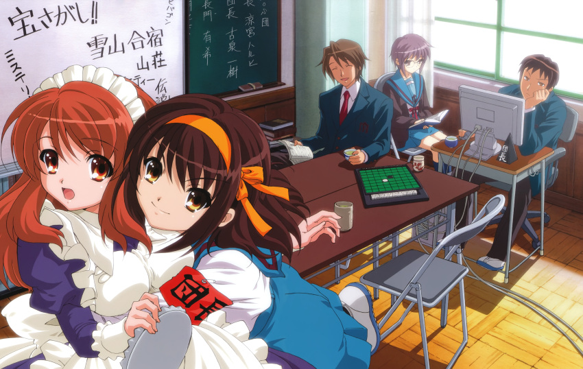 3girls, absurdres, asahina_mikuru, blazer, brown_eyes, brown_hair, chair, closed_eyes