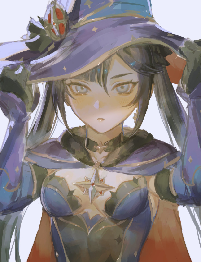 1girl, absurdres, black_gloves, black_hair, blush, breasts, choker, genshin_impact, gloves, hat, highres, jewelry, leotard, long_hair, looking_at_viewer, matuka10101, medium_breasts, mona_(genshin_impact), open_mouth, solo, twintails, witch_hat