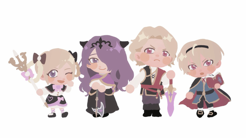 2boys, 2girls, absurdres, aged_down, blonde_hair, braid, braided_hair_rings, braided_twintails