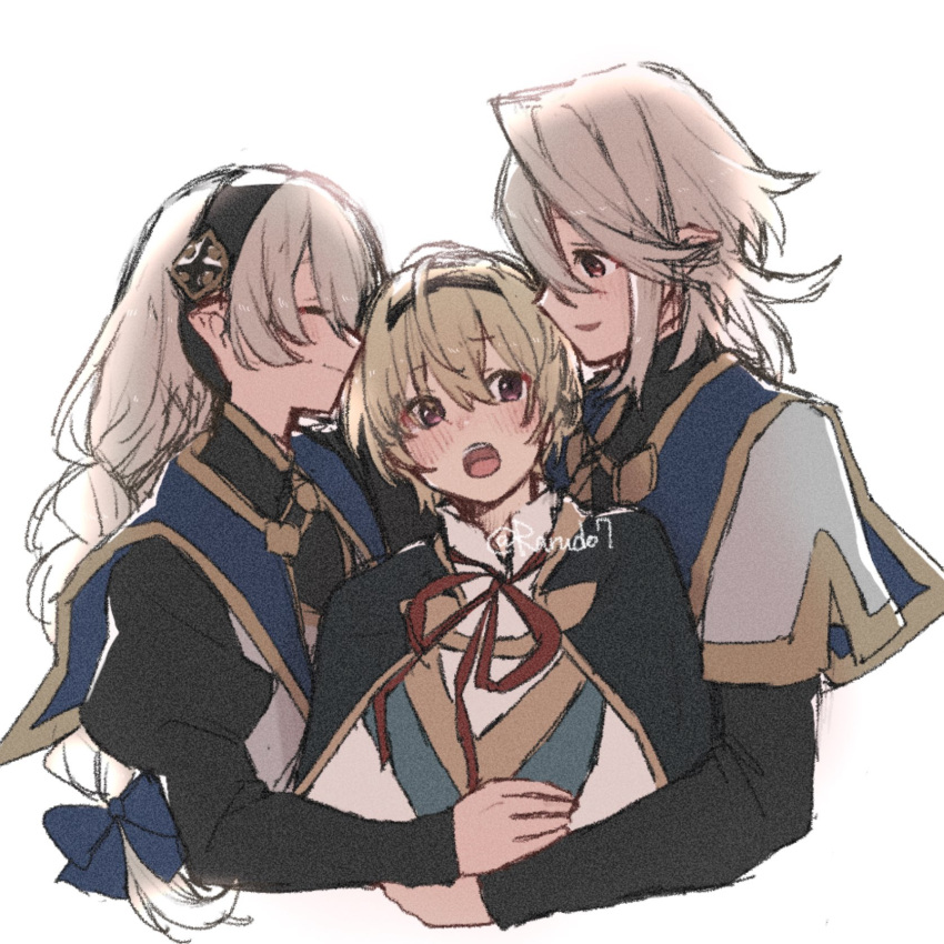1girl, 2boys, aged_down, alternate_costume, black_cape, black_hairband, cape, corrin_(female)_(fire_emblem)