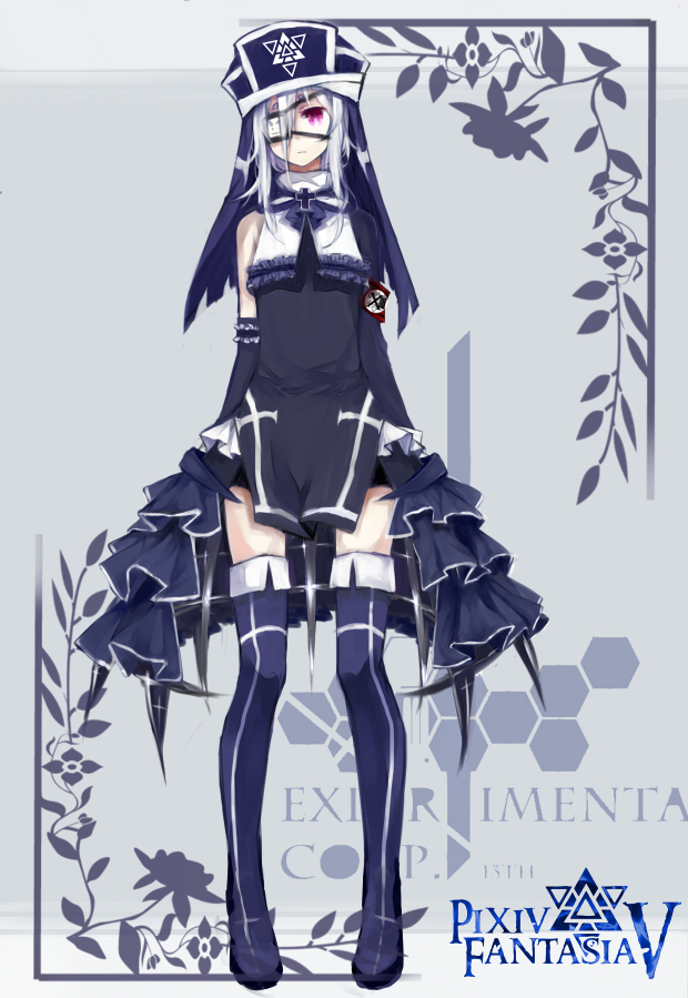 albino, armband, asymmetrical_clothes, asymmetrical_clothing, black_legwear, boots, cross, dress, eyepatch, frills, hat, imi_fumei, pixiv_fantasia, pixiv_fantasia_5, purple_eyes, single_elbow_glove, single_glove, solo, standing, thigh-highs, thigh_boots, thighhighs, violet_eyes, white_hair