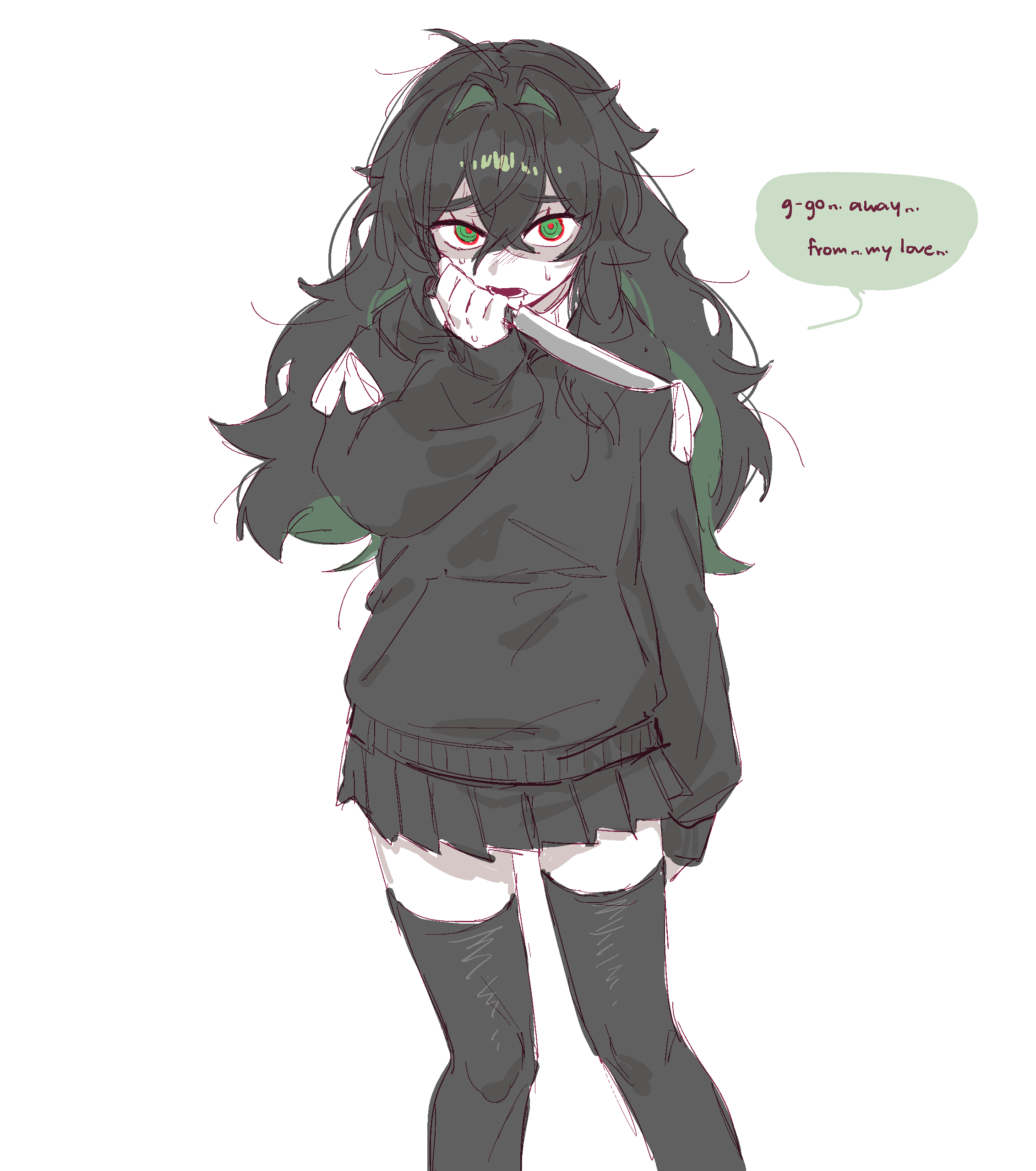 1girl, absurdres, black_hair, black_skirt, black_sweater, black_thighhighs, degrees_of_lewdity, english_text