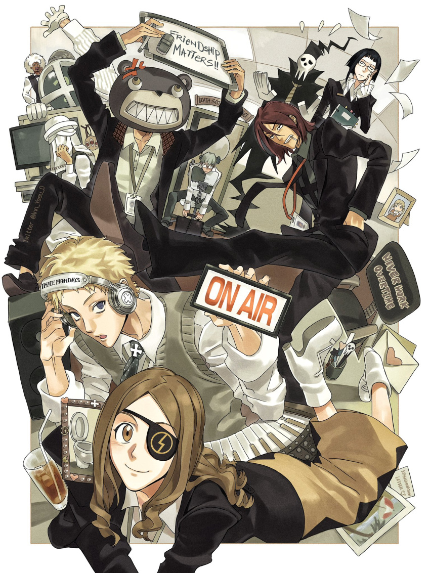 2girls, 6+boys, adjusting_eyewear, anger_vein, animal_head, ann_yasu_d, azusa_yumi, bear_head