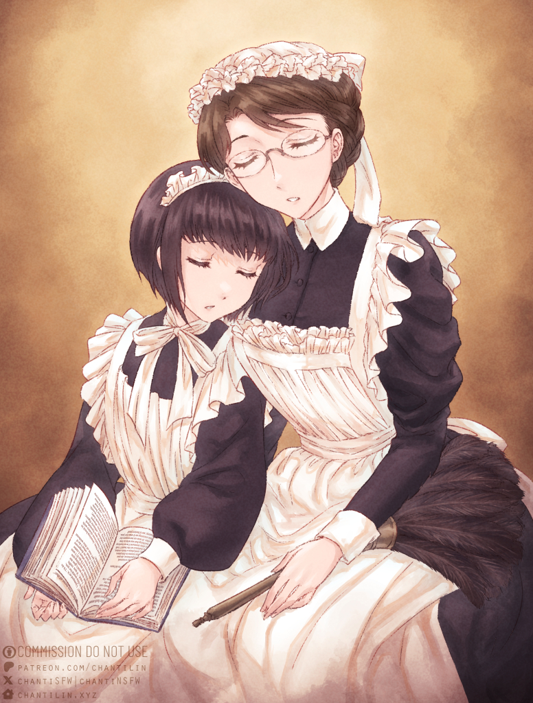 2girls, apron, black_dress, black_hair, bob_cut, book, braid, brown_hair