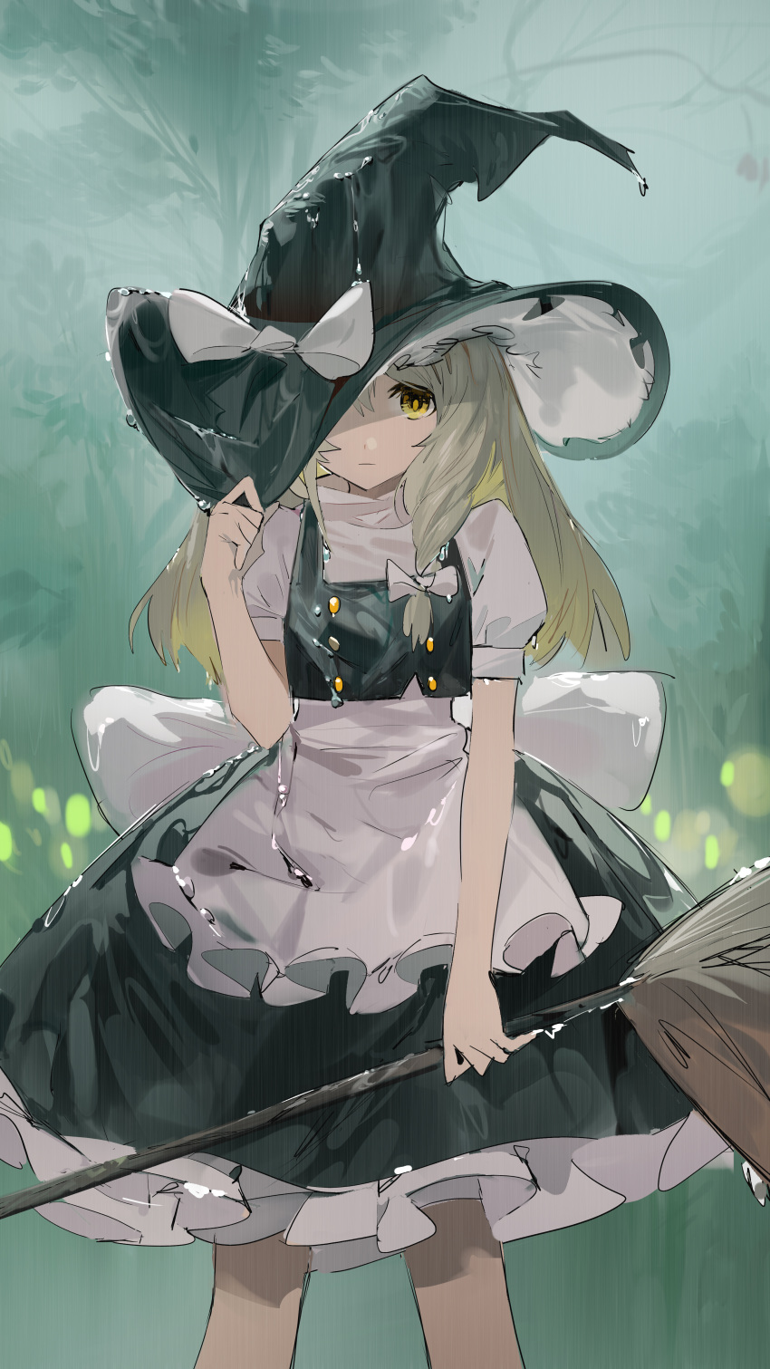 1girl, absurdres, adjusting_clothes, adjusting_headwear, apron, back_bow, black_hat, black_skirt, black_vest, blonde_hair, blurry, blurry_background, bow, broom, buttons, closed_mouth, double-breasted, feet_out_of_frame, hair_bow, hako_(misheyes), hat, hat_bow, hat_over_one_eye, headwear_pull, highres, holding, holding_broom, kirisame_marisa, long_hair, looking_at_viewer, one_eye_covered, outdoors, puffy_short_sleeves, puffy_sleeves, rain, shirt, short_sleeves, single_sidelock, skirt, solo, standing, touhou, vest, waist_apron, wet, wet_clothes, wet_hat, white_apron, white_bow, white_shirt, yellow_eyes