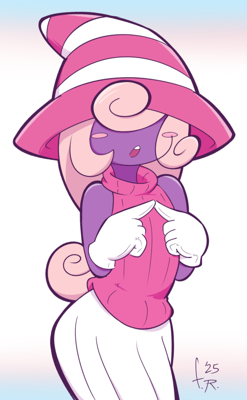 1girl, blush_stickers, colored_skin, commentary, curly_hair, fernal-red, flat_chest, gloves, gradient_background, hair_over_eyes, hat, highres, long_hair, open_mouth, paper_mario, paper_mario:_the_thousand_year_door, pink_hair, pink_sweater, purple_skin, simple_background, skirt, solo, striped_clothes, striped_headwear, super_mario_bros., sweater, symbol-only_commentary, transgender_flag, vivian_(paper_mario), white_gloves, white_skirt, witch_hat