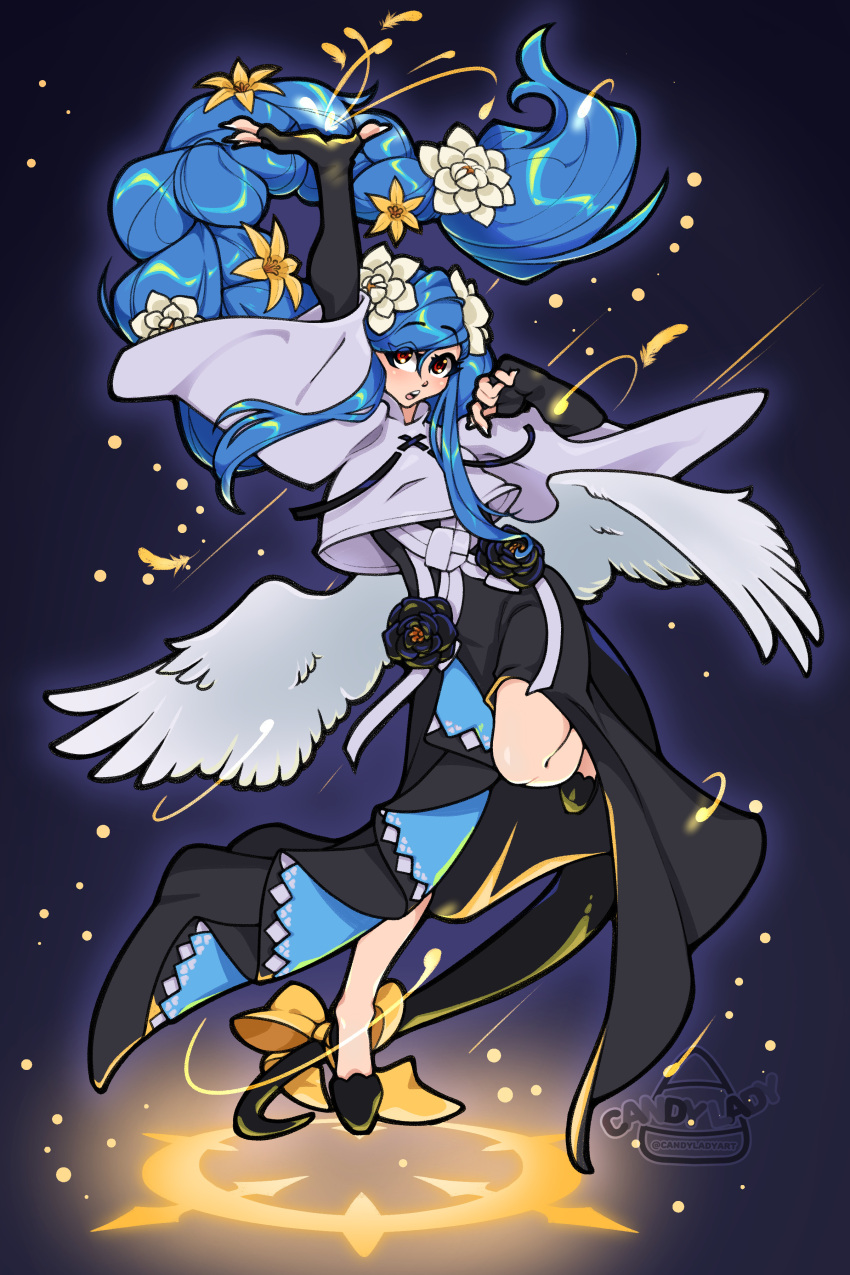 1girl, absurdres, black_dress, black_gloves, blue_hair, bow, braid, candylady, commentary, dizzy_(guilty_gear), dress, english_commentary, feathered_wings, fingerless_gloves, flower, gloves, guilty_gear, guilty_gear_strive, hair_flower, hair_ornament, highres, long_hair, queen_dizzy, red_eyes, shirt, single_braid, solo, standing, standing_on_one_leg, very_long_hair, white_shirt, white_wings, wide_sleeves, wings