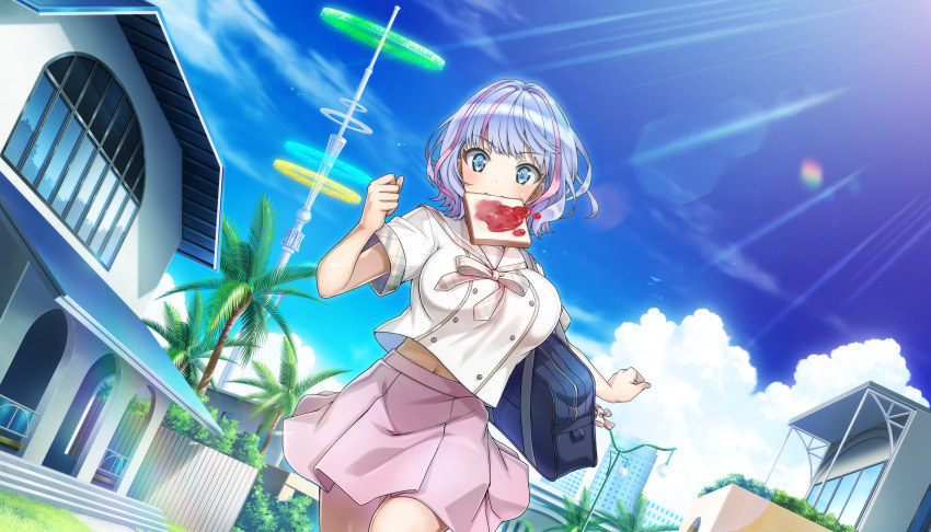 1girl, bag, blue_eyes, blue_hair, blush, bouncing_breasts, bread, bread_slice