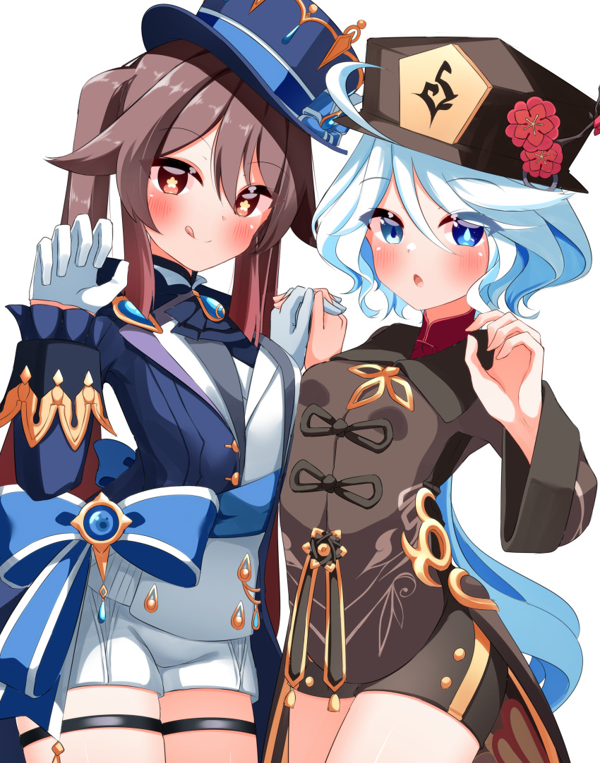 2girls, absurdres, ahoge, ascot, black_ascot, blue_ascot, blue_brooch, blue_eyes