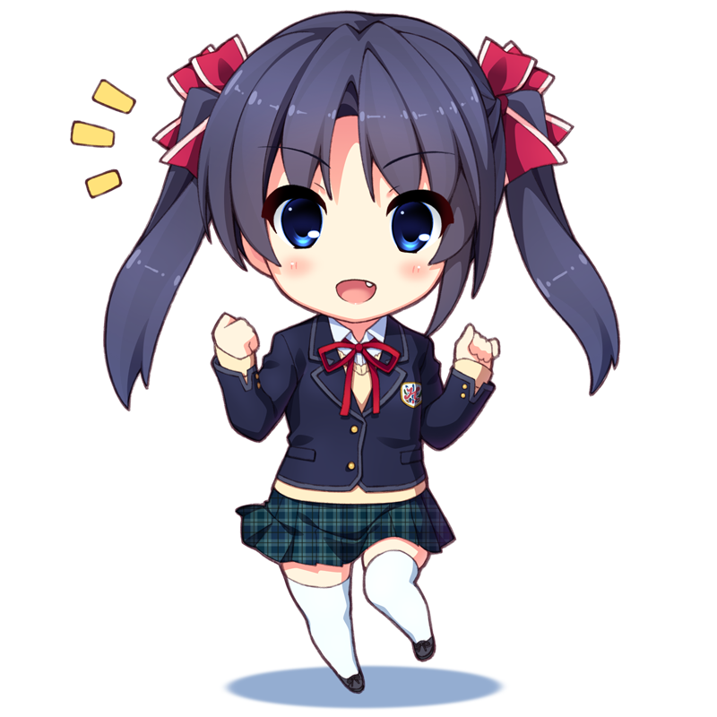 1girl, black_hair, black_jacket, blazer, blue_eyes, chibi, clenched_hand, commentary_request