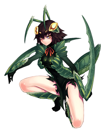antennae, armor, bare_legs, brown_hair, insect_girl, kenkou_cross, lowres, mantis_(monster_girl_encyclopedia), monster_girl, monster_girl_encyclopedia, multiple_eyes, pauldron, pauldrons, praying_mantis, ribbon, scythe, short_hair, solo, squatting, thighs, weapon, yellow_eyes