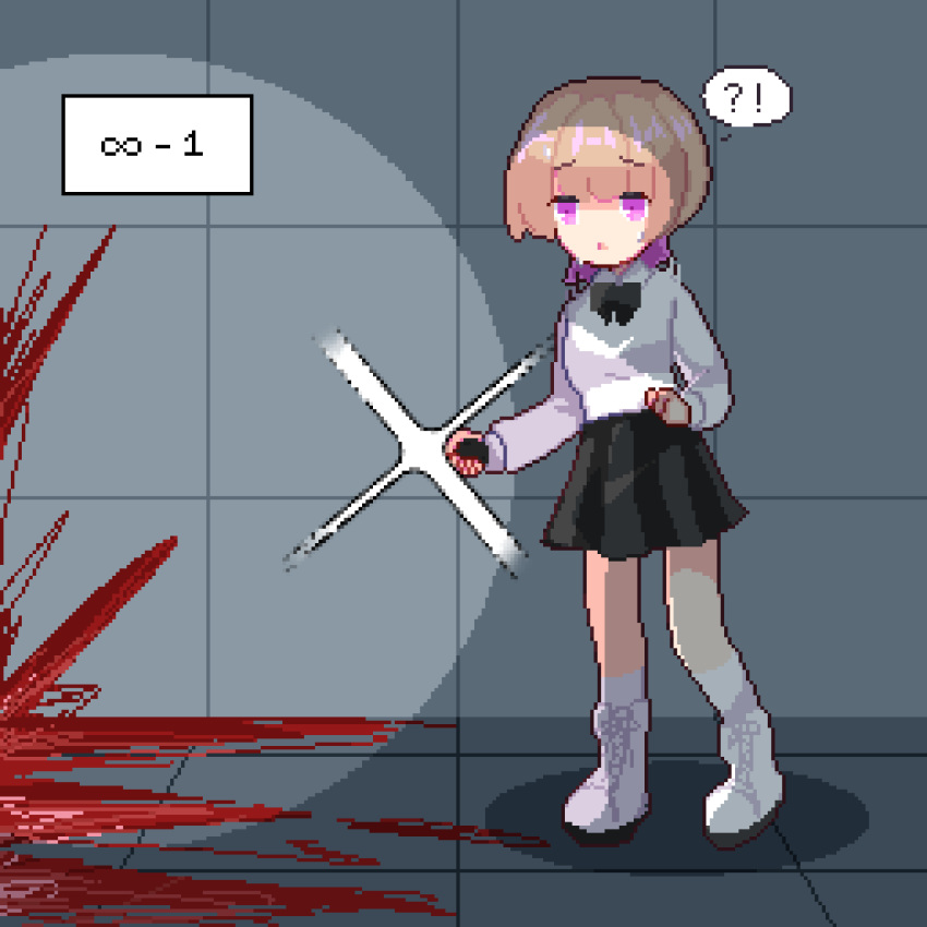 !, !?, 1girl, ?, black_bow, black_skirt, blonde_hair, blood, borrowed_character, bow, collared_shirt, commentary_request, flashlight, highres, holding, holding_flashlight, kazukimiyu, multicolored_hair, pink_eyes, pink_hair, pixel_art, shirt, shoes, skirt, socks, speech_bubble, spoken_exclamation_mark, spoken_question_mark, two-tone_hair, white_shirt, white_shoes, white_socks, zanki_mugen-chan, zanki_mugen-chan_vs_deathtrap_dungeon