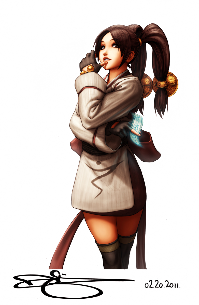 black_hair, brown_eyes, brown_hair, fingerless_gloves, gloves, hair_ornament, highres, kagura_(tenchu)