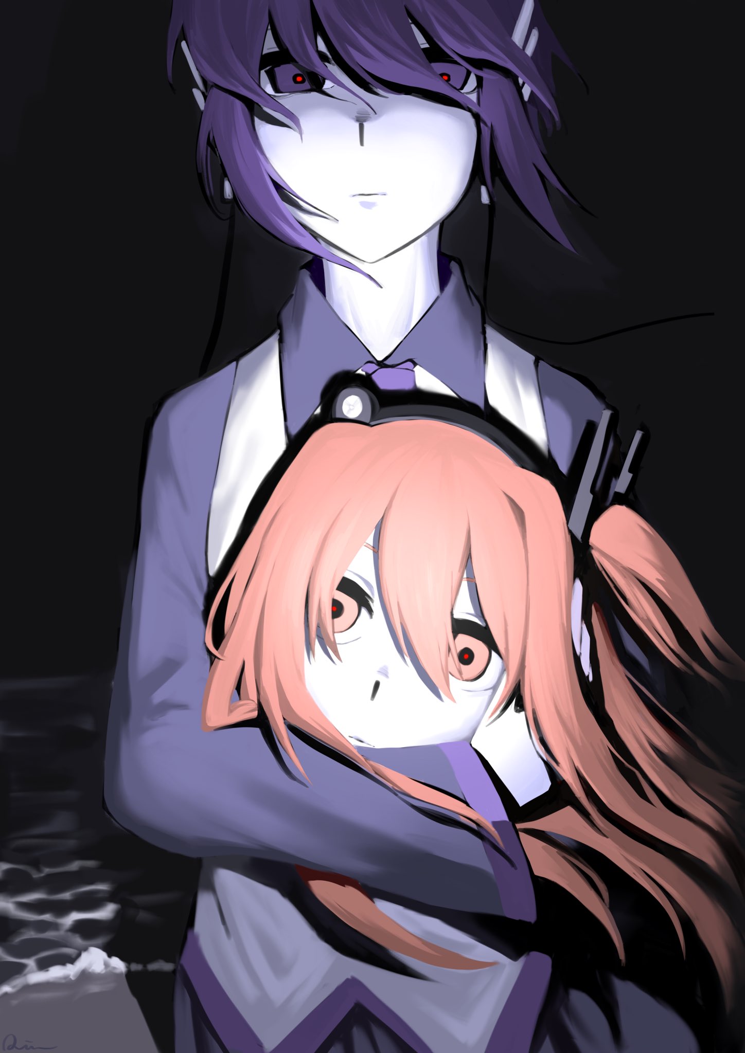 2girls, a.i._voice, adachi_rei, android, beach, closed_mouth, collared_shirt, dark, expressionless, floating_hair, hair_between_eyes, head_only, highres, holding, long_bangs, looking_at_viewer, multiple_girls, necktie, night, ocean, purple_hair, purple_necktie, qiu_(b3g3c), red_pupils, shirt, straight-on, upper_body, utane_uta, utau, violet_eyes, white_shirt, wing_collar