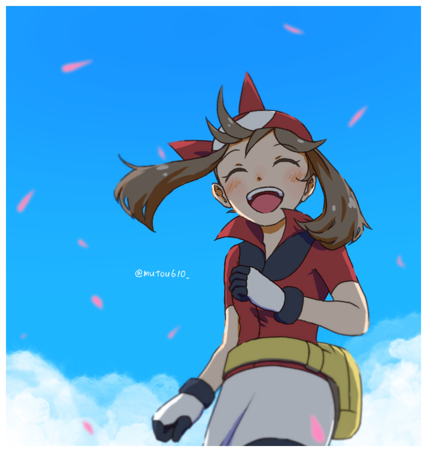 1girl, bandana, blue_sky, blush, border, brown_hair, closed_eyes, clouds