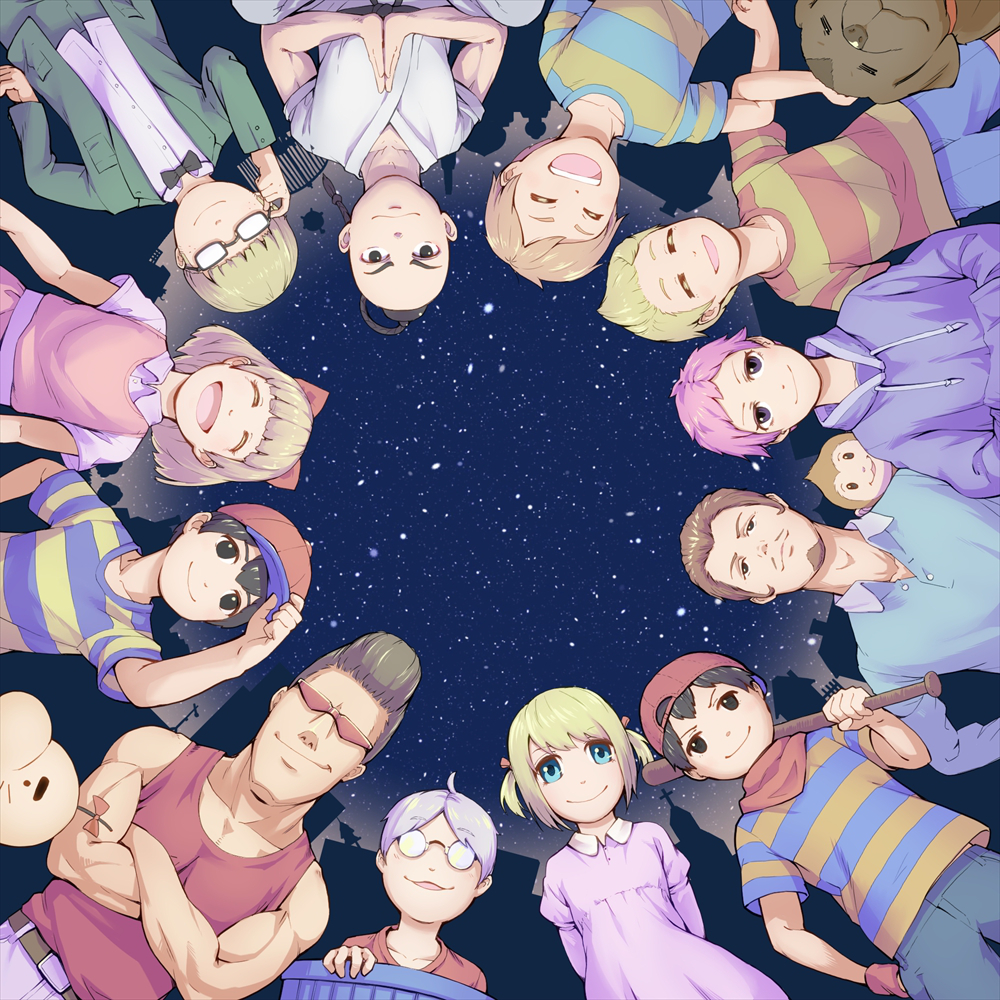 3girls, 6+boys, ana_(mother), baseball_cap, black_eyes, black_hair, blonde_hair, blue_eyes